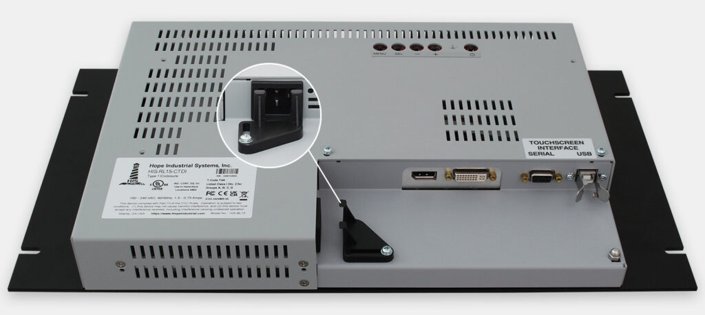15" Rack Mount Industrial Monitors and IP20 Rugged Touch Screens, AC cable exit view
