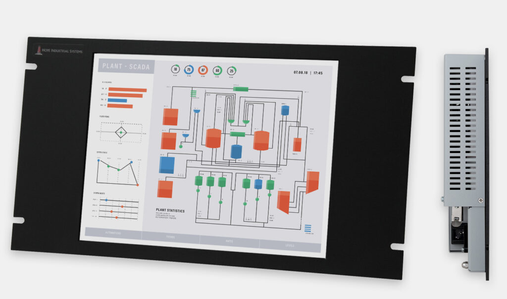 15" Rack Mount Industrial Monitors and IP20 Rugged Touch Screens, front and side views