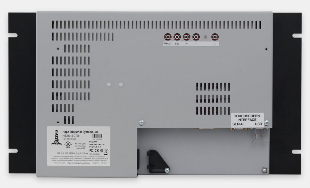 15" Rack Mount Industrial Monitors and IP20 Rugged Touch Screens, rear view