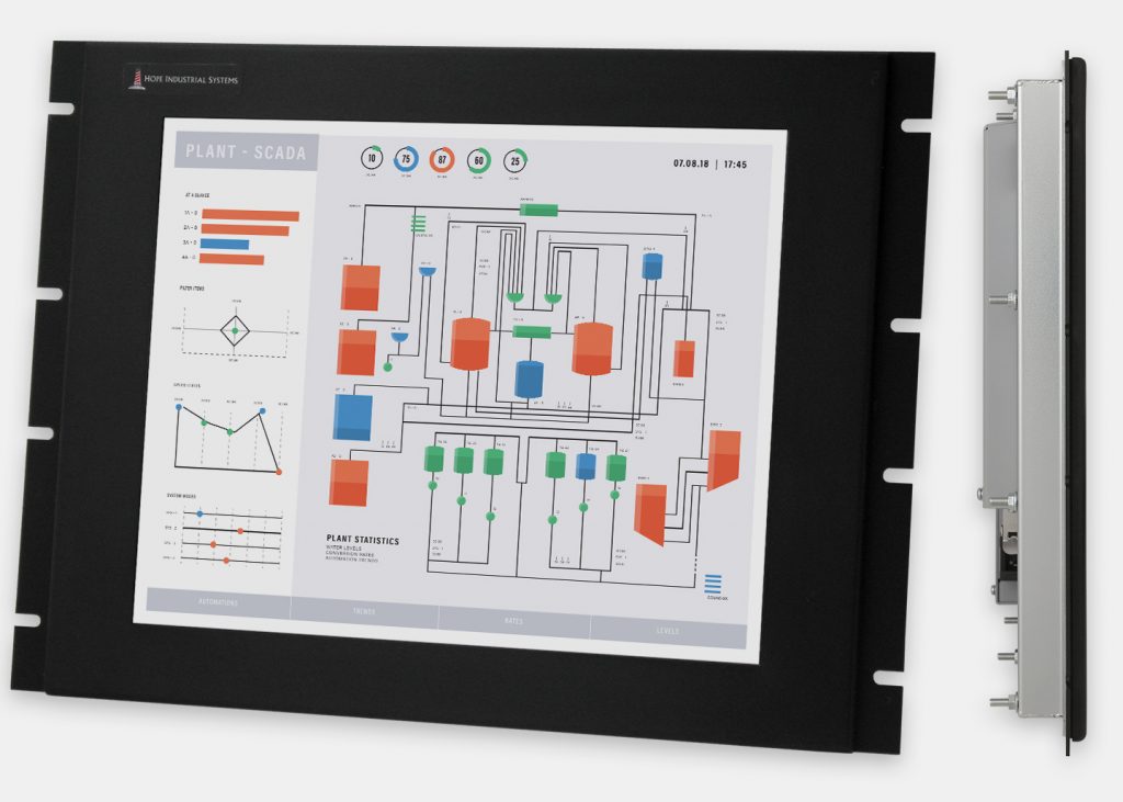 17" Rack Mount Industrial Monitors and IP20 Rugged Touch Screens, front and side views