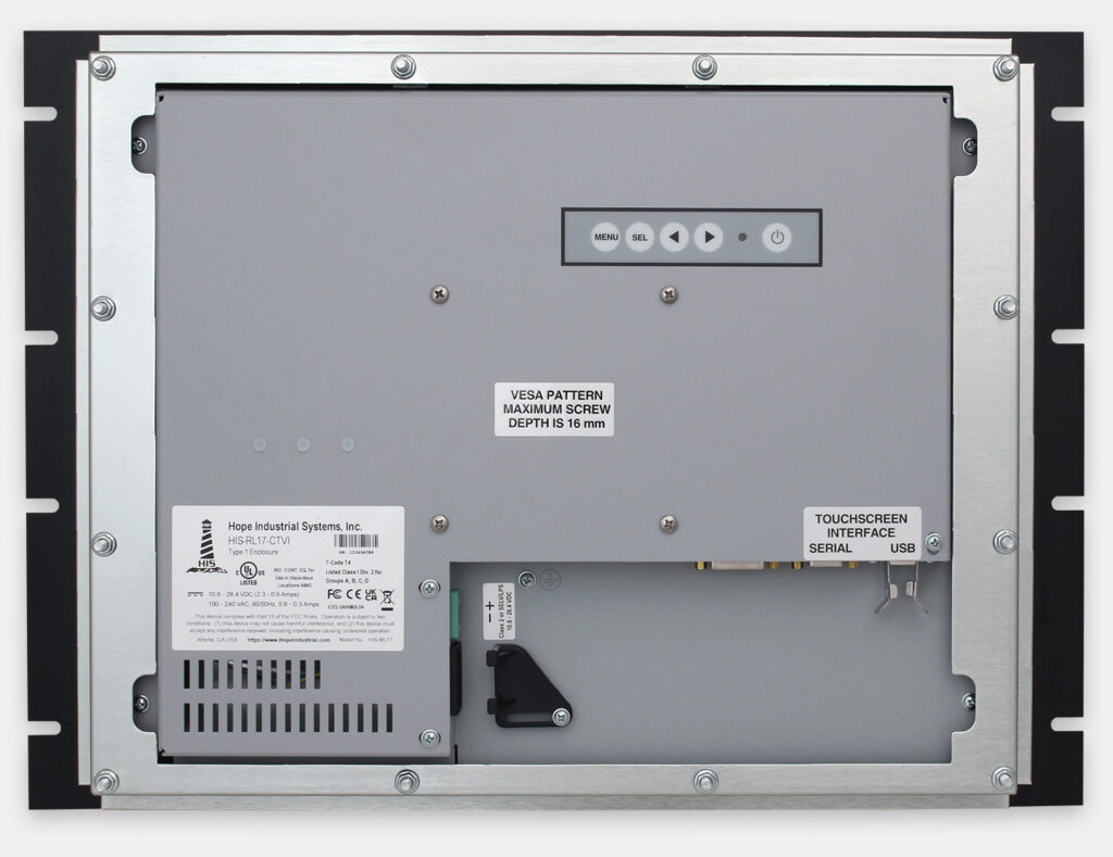 17" Rack Mount Industrial Monitors and IP20 Rugged Touch Screens, rear view