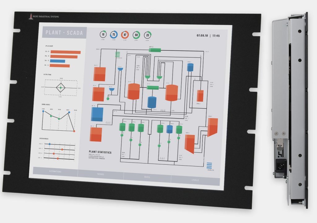 19" Rack Mount Industrial Monitors and IP20 Rugged Touch Screens, front and side views