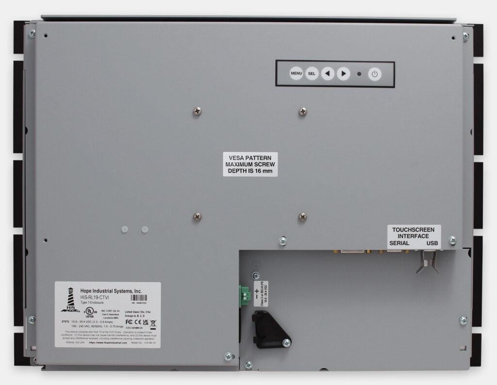 19" Rack Mount Industrial Monitors and IP20 Rugged Touch Screens, rear view