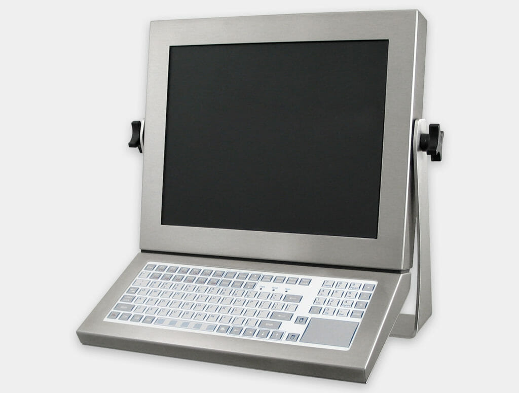 IP65/IP66 Short-Travel Monitor-Mounted Keyboard with touchpad, mounted on Universal Mount Monitor