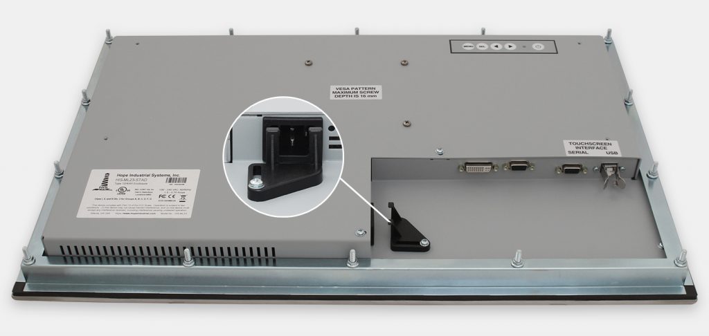23" Widescreen Panel Mount Industrial Monitors and IP65/IP66 Rugged Touch Screens, AC cable exit view