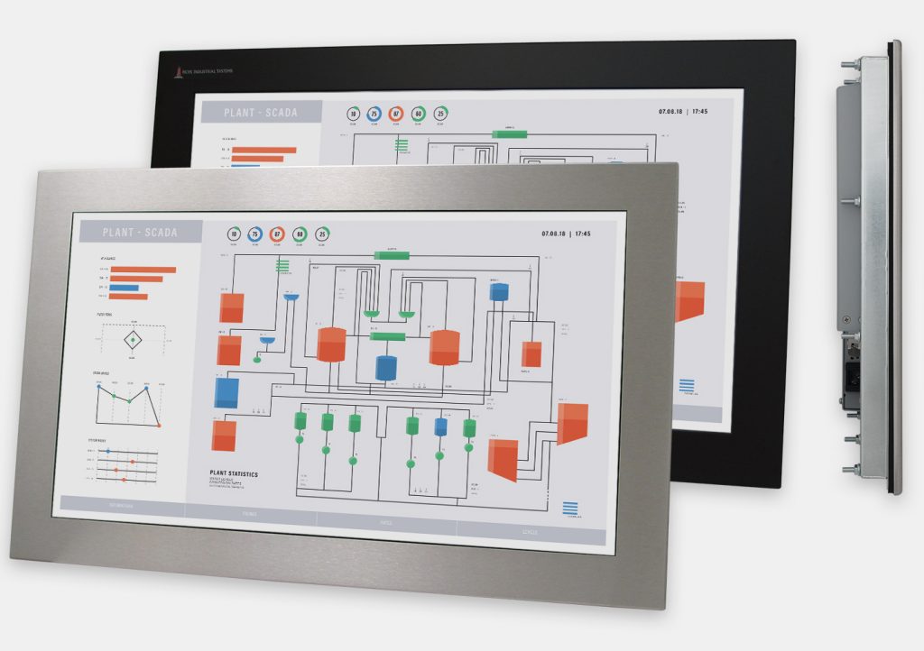 23" Widescreen Panel Mount Industrial Monitors and IP65/IP66 Rugged Touch Screens, front and side views