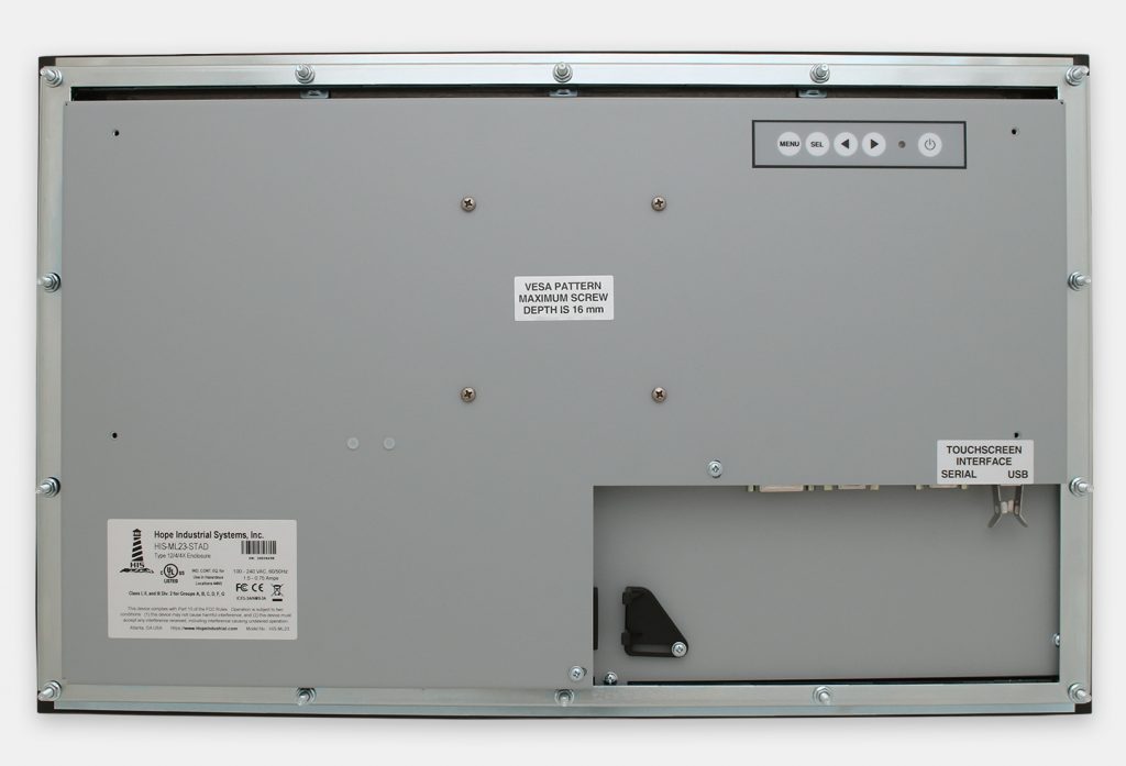 23" Widescreen Panel Mount Industrial Monitors and IP65/IP66 Rugged Touch Screens, rear view