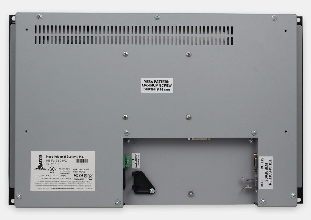 19.5" Widescreen Rack Mount Industrial Monitors and IP20 Rugged Touch Screens, rear view