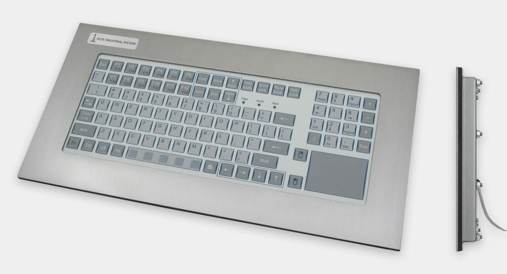 Industrial Panel Mount Keyboard with Rugged Short-Travel Keys and Touchpad, front and side views