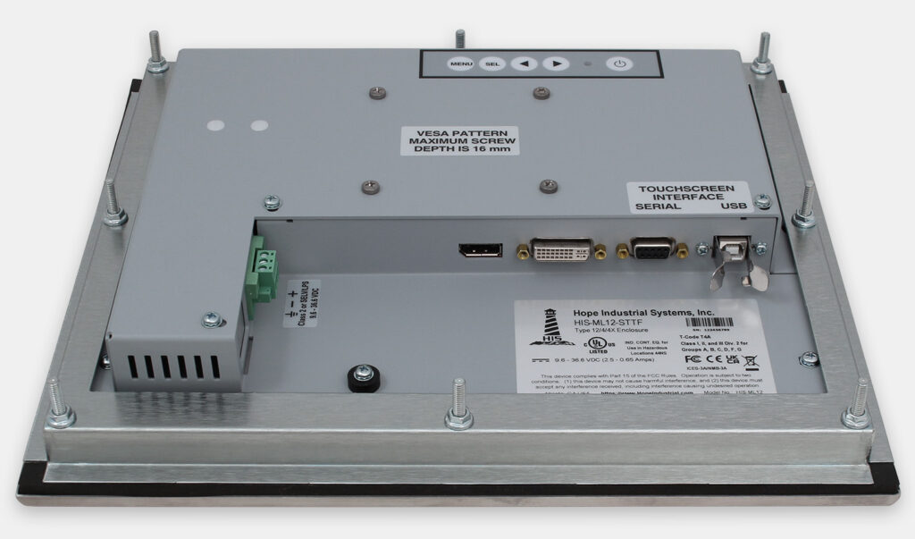 12" Panel Mount Industrial Monitors and IP65/IP66 Rugged Touch Screens, DC cable exit view