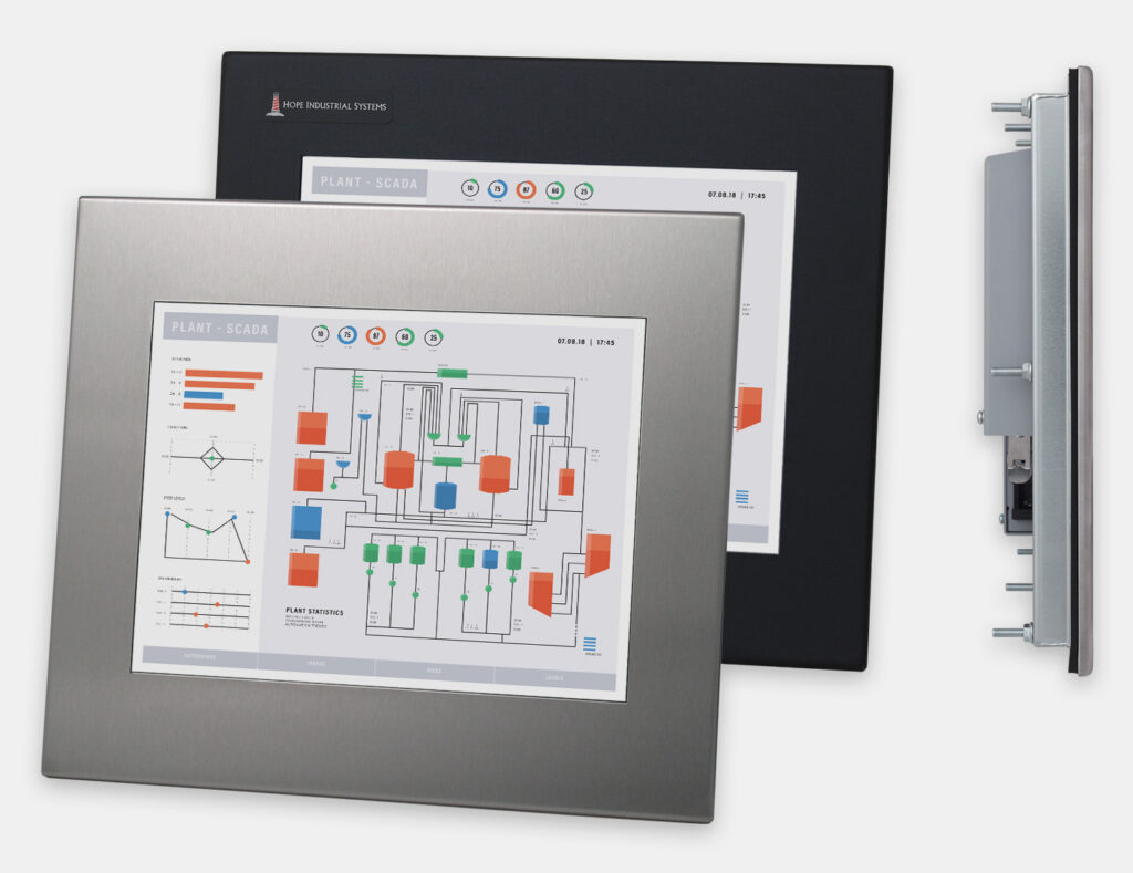 12" Panel Mount Industrial Monitors and IP65/IP66 Rugged Touch Screens, front and side views