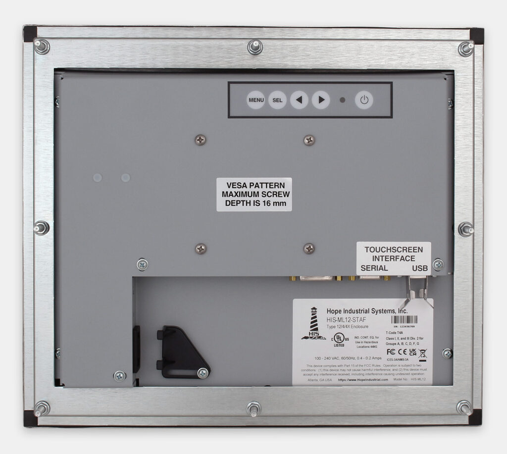 12" Panel Mount Industrial Monitors and IP65/IP66 Rugged Touch Screens, rear view
