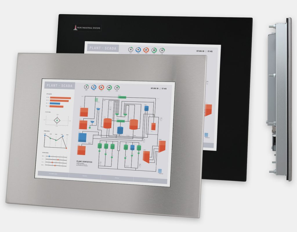 15" Panel Mount Industrial Monitors and IP65/IP66 Rugged Touch Screens, front and side views
