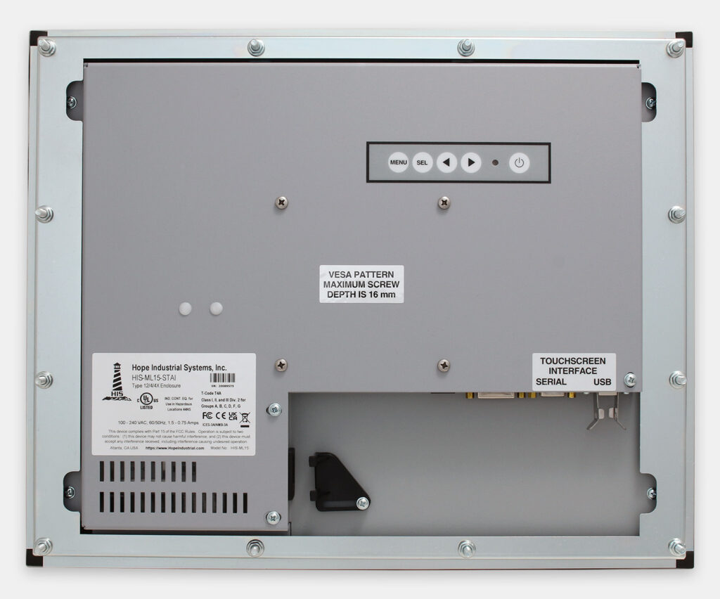 15" Panel Mount Industrial Monitors and IP65/IP66 Rugged Touch Screens, rear view