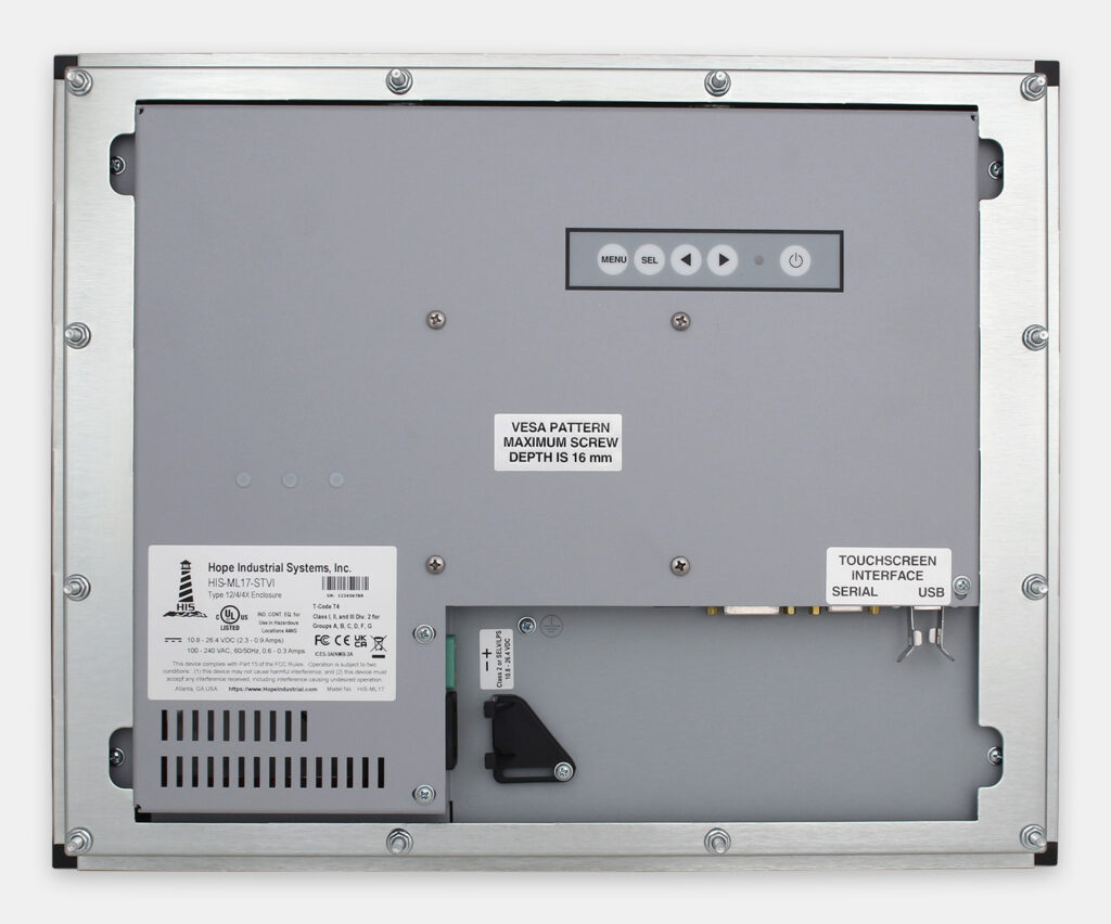 17" Panel Mount Industrial Monitors and IP65/IP66 Rugged Touch Screens, rear view