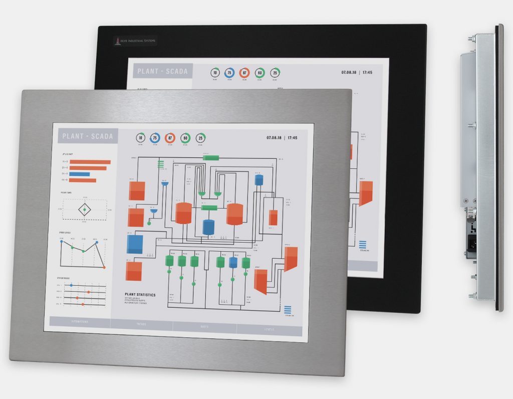 19" Panel Mount Industrial Monitors and IP65/IP66 Rugged Touch Screens, front and side views