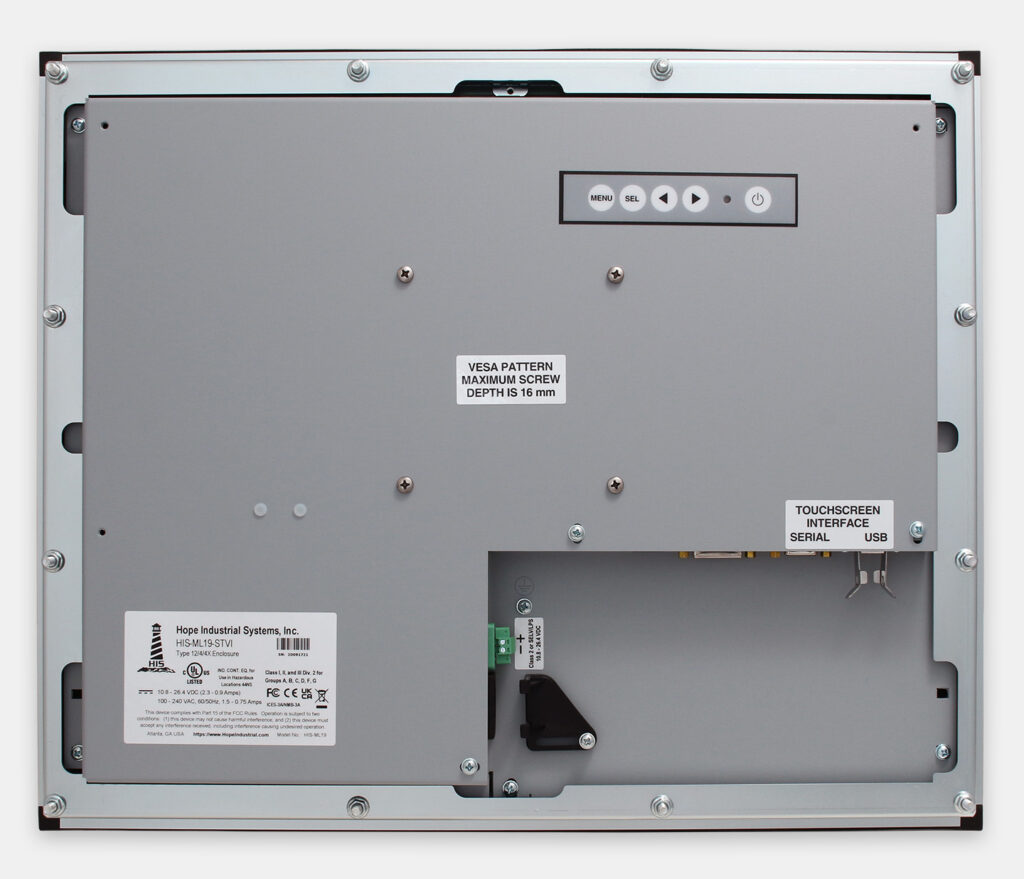 19" Panel Mount Industrial Monitors and IP65/IP66 Rugged Touch Screens, rear view