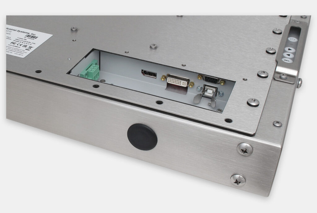 15" Universal Mount Industrial Monitors and IP65/IP66 Rugged Touch Screens, DC cable exit view