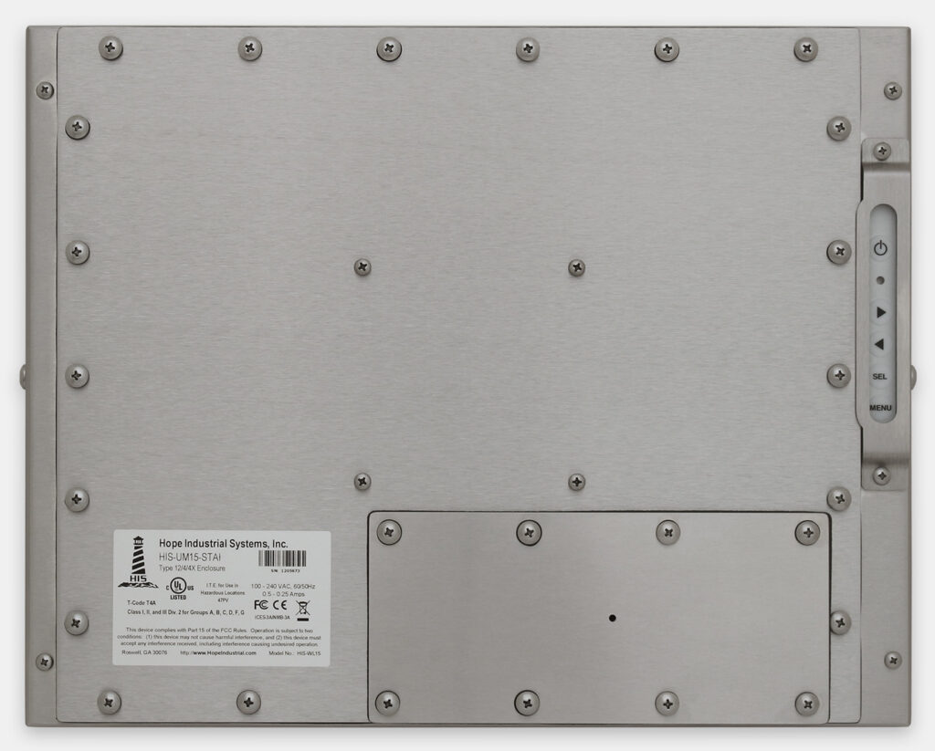 15" Universal Mount Industrial Monitors and IP65/IP66 Rugged Touch Screens, rear view