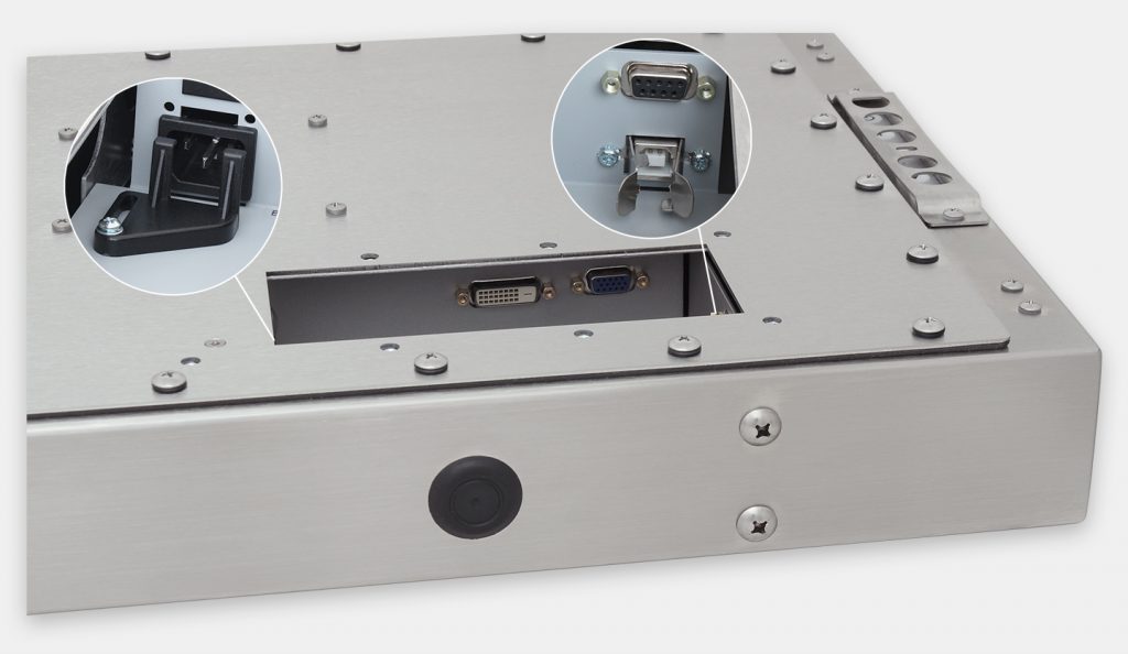 23" Widescreen Universal Mount Industrial Monitors and IP65/IP66 Rugged Touch Screens, AC cable exit view