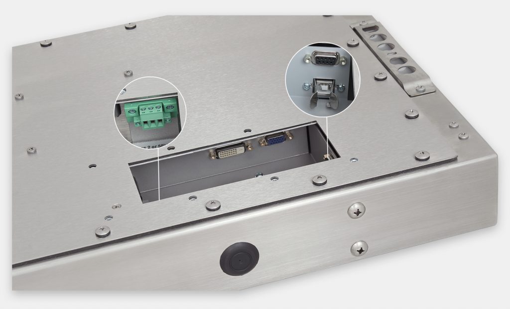 23" Widescreen Universal Mount Industrial Monitors and IP65/IP66 Rugged Touch Screens, DC cable exit view