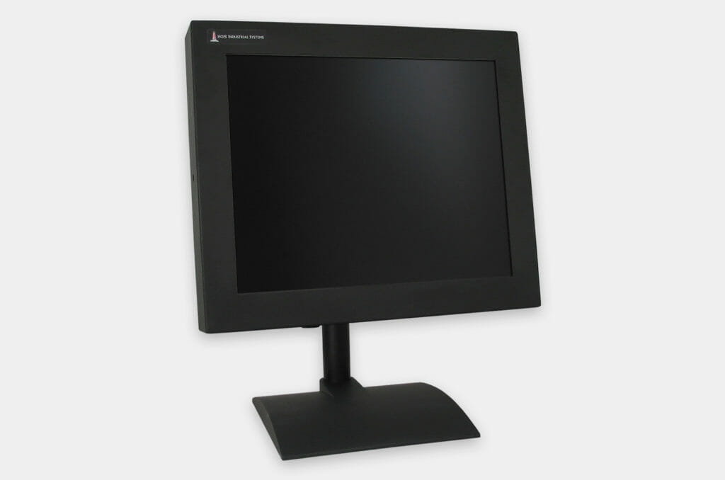 VESA Benchtop Stand for Industrial Monitors, front view with monitor