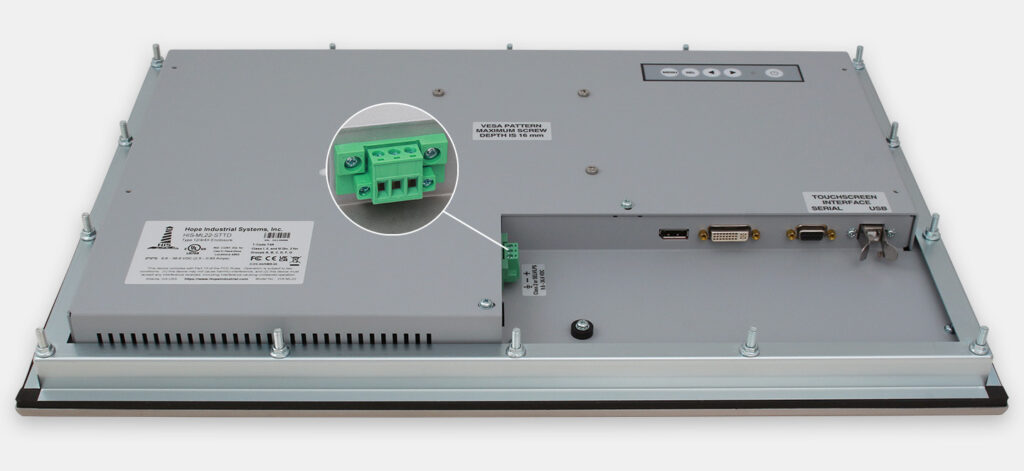 22" Widescreen Panel Mount Industrial Monitors and IP65/IP66 Rugged Touch Screens, DC cable exit view