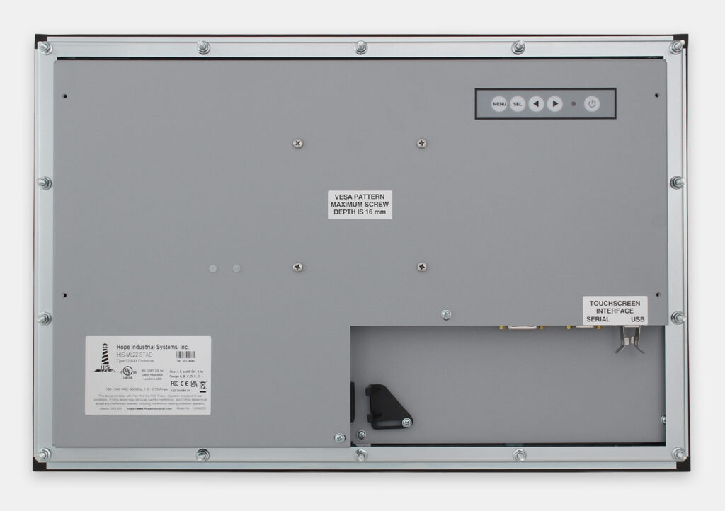 22" Widescreen Panel Mount Industrial Monitors and IP65/IP66 Rugged Touch Screens, rear view