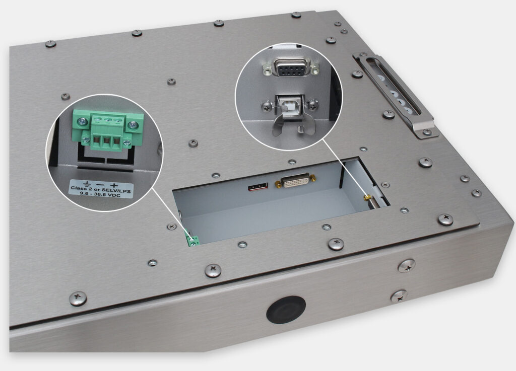22" Widescreen Universal Mount Industrial Monitors and IP65/IP66 Rugged Touch Screens, DC cable exit view