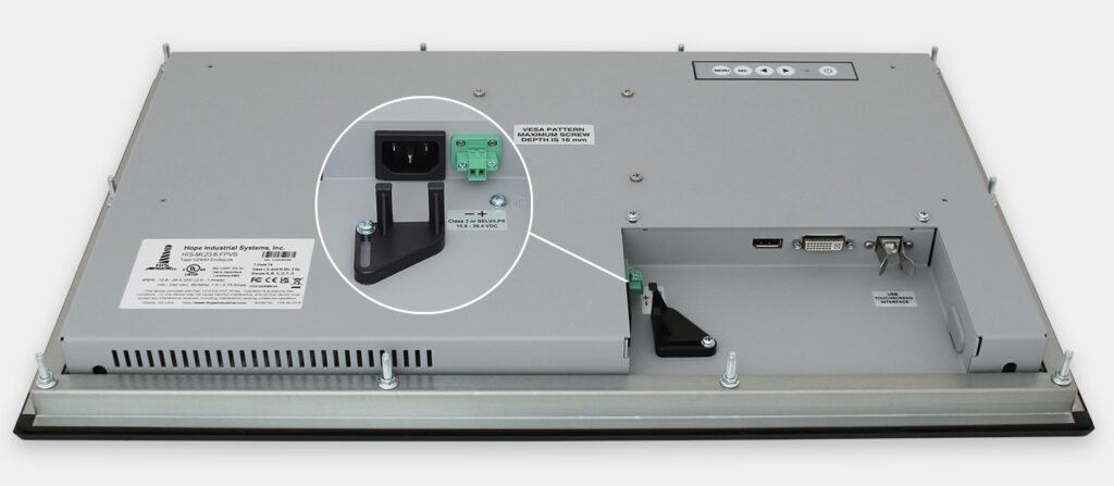 23.8" Widescreen Panel Mount Industrial Monitors and IP65/IP66 Rugged Touch Screens, cable exit view