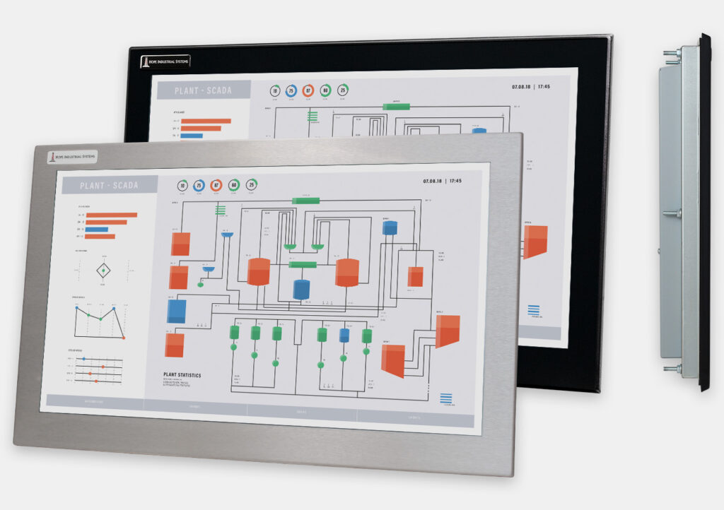 23.8" Widescreen Panel Mount Industrial Monitors and IP65/IP66 Rugged Touch Screens, front and side views