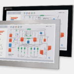 23.8" Widescreen Panel Mount Industrial Monitors and IP65/IP66 Rugged Touch Screens, front and side views