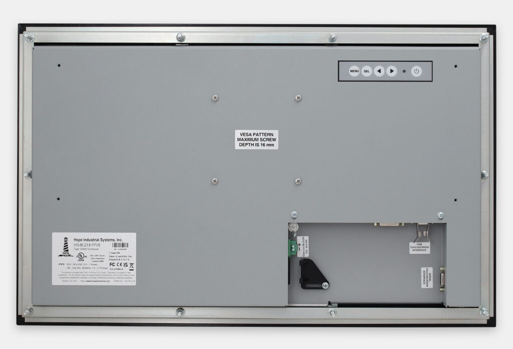 23.8" Widescreen Panel Mount Industrial Monitors and IP65/IP66 Rugged Touch Screens, rear view