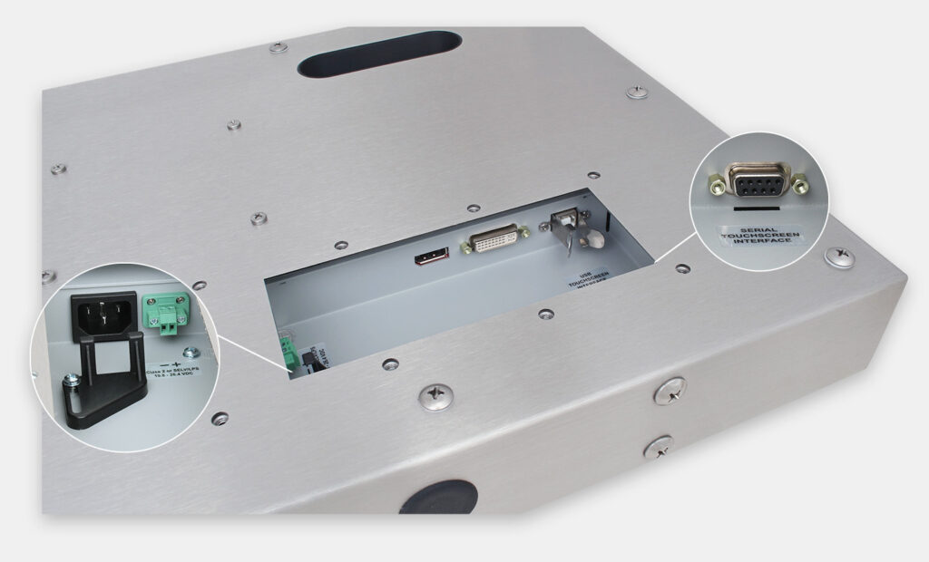 23.8" Widescreen Universal Mount Industrial Monitors and IP65/IP66 Rugged Touch Screens, cable exit view