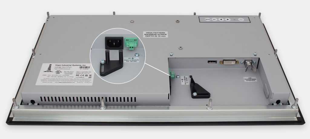 19.5" Widescreen Panel Mount Industrial Monitors and IP65/IP66 Rugged Touch Screens, PCAP cable exit view