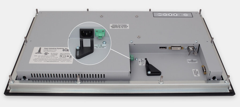 19.5" Widescreen Panel Mount Industrial Monitors and IP65/IP66 Rugged Touch Screens, cable exit view