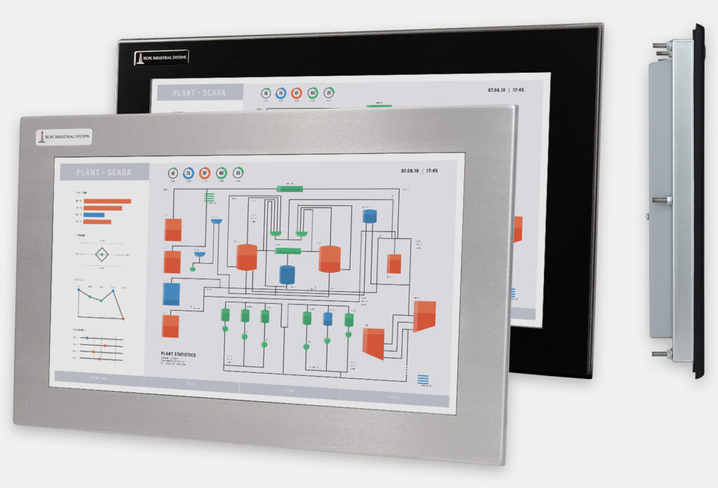 19.5" Widescreen Panel Mount Industrial Monitors and IP65/IP66 Rugged Touch Screens, front and side views