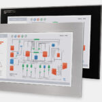 19.5" Widescreen Panel Mount Industrial Monitors and IP65/IP66 Rugged Touch Screens, front and side views