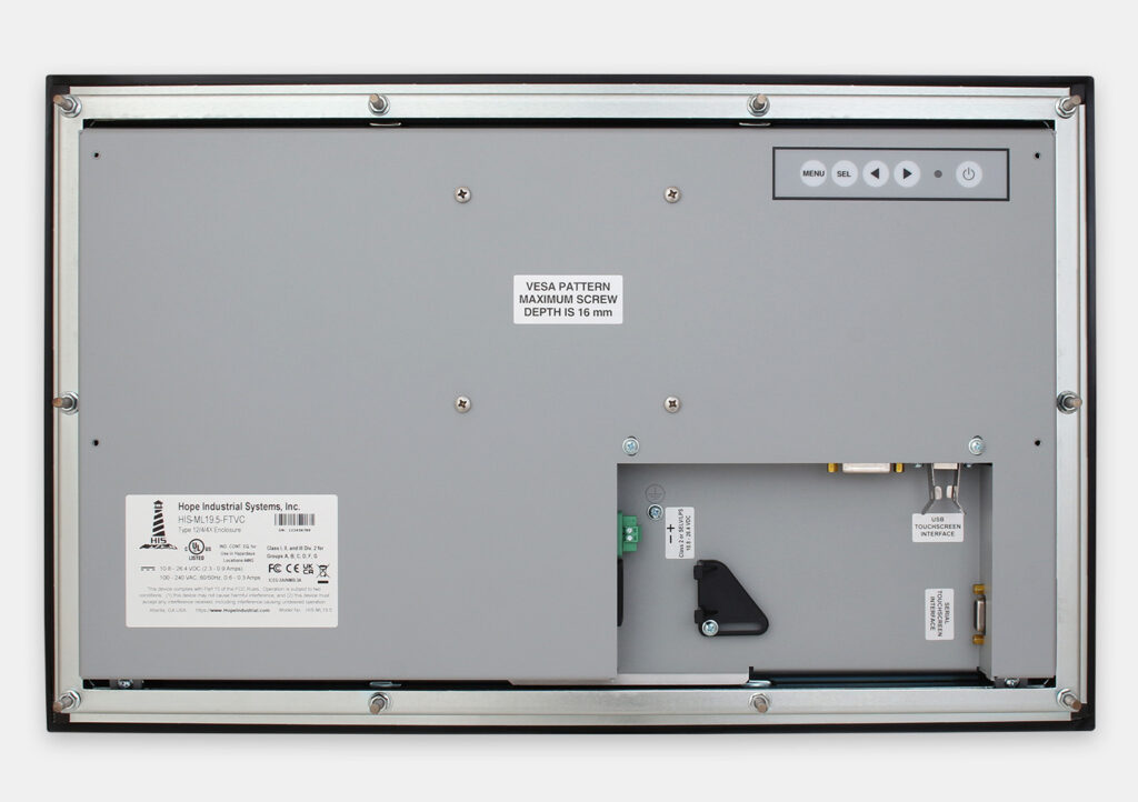 19.5" Widescreen Panel Mount Industrial Monitors and IP65/IP66 Rugged Touch Screens, rear view