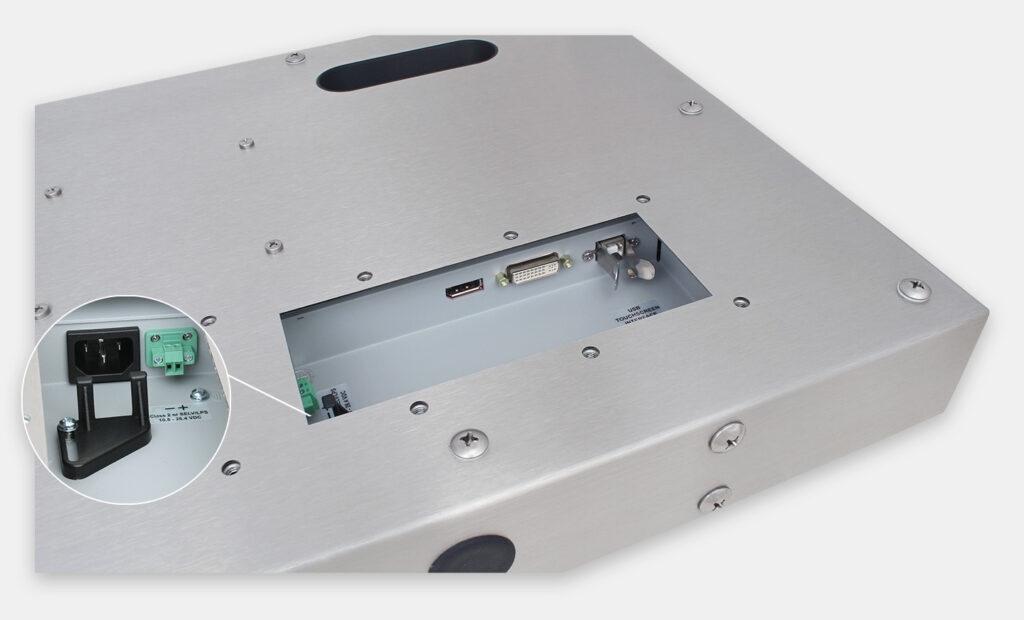 23.8" Widescreen Universal Mount Industrial Monitors and IP65/IP66 Rugged Touch Screens, PCAP cable exit view